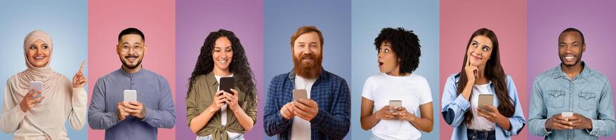 A diverse group of individuals holds smartphones, expressing various emotions in a brightly colored background. This setting showcases unity and connection through digital interaction among friends. photo