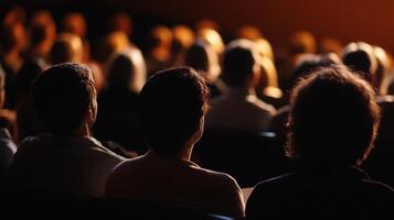 Attendees sit focused in a darkened auditorium, absorbing insights from a speaker during a conference. photo