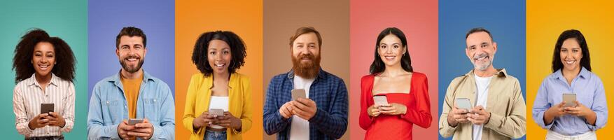 A lively group of individuals with varying hairstyles and outfits holds smartphones while smiling, set against vibrant, colorful backdrops. They represent different backgrounds and emotions. photo