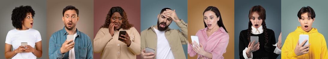 A group of individuals from various backgrounds displays surprise and shock as they look at their phones. The expressions vary, showing a mix of emotions and reactions, highlighting engagement. photo