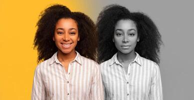 A young black woman with voluminous curly hair standing in front of a two-tone background featuring vibrant yellow and monochrome gray. She demonstrates various emotions photo