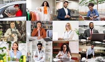 This collage features a diverse group of individuals working in a variety of professional settings. The image highlights the different ways people work and contribute to society. photo