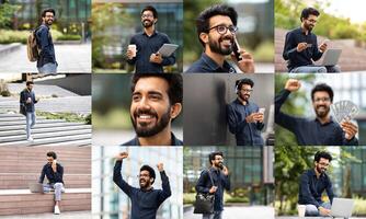 A young Indian man engages in multiple activities outdoors, showcasing a range of emotions and interactions. He is seen working on a tablet, enjoying a drink, and celebrating successes photo