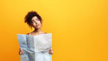 African American young woman with curly hair appears confused and uncertain as she holds an unfolded map in her hands, looking up and to the side as if seeking guidance, copy space photo