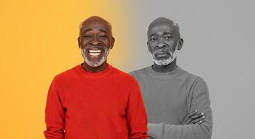 An older black man is smiling standing confidently against a striking yellow background. In contrast, another version of him is displayed in monochrome grey, showcasing a more serious expression. photo
