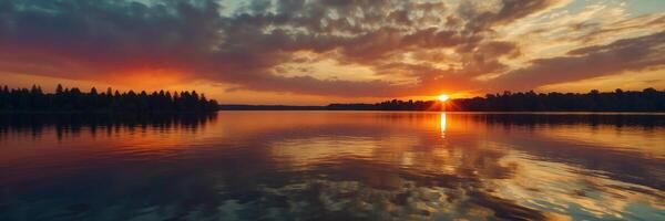 A beautiful sunset over a lake with trees photo
