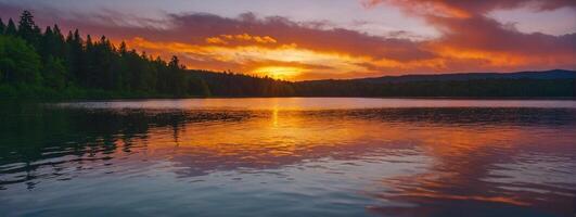 A beautiful sunset over a lake with trees and mountains photo