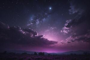 Purple sky with stars and clouds over a field photo