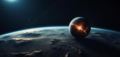 An alien planet with a bright star in the sky photo