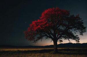 A red tree stands alone in the middle of a field photo