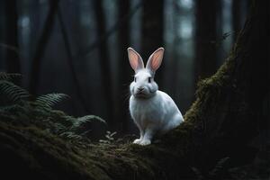 A white rabbit sitting on a tree branch in the woods photo