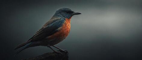 A bird is sitting on a branch in front of a dark background photo