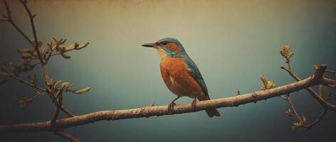 A blue and orange bird is sitting on a branch photo