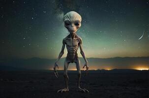 An alien standing in the desert with a starry sky photo