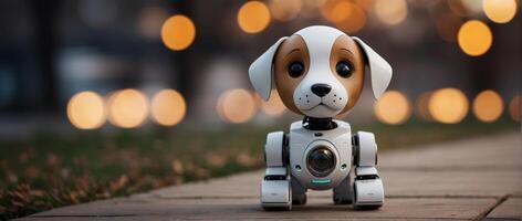 A robot dog sitting on the ground with blurred lights in the background photo
