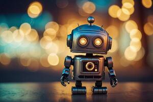 A robot with glowing eyes standing in front of a blurred background photo