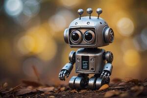 Adorable Robot Sitting Among Autumn Leaves in a Forest at Dusk photo