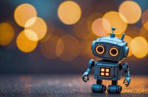 A robot toy standing in front of a blurred background photo