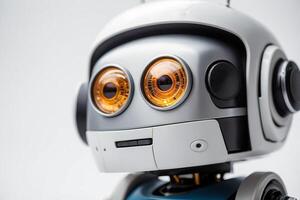 A robot with orange eyes and a white background photo