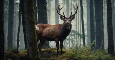 A deer stands in the middle of a forest photo