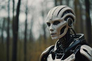 A robot in the woods with trees in the background photo