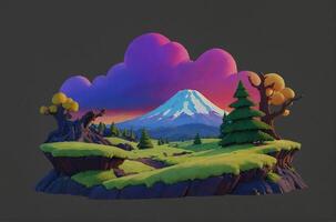 A cartoon mountain with trees and clouds photo