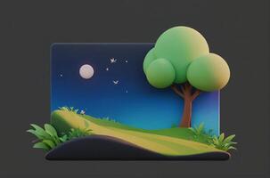 A 3d animated scene with a tree and moon photo