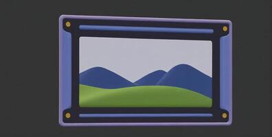 A picture frame with mountains and a green sky photo