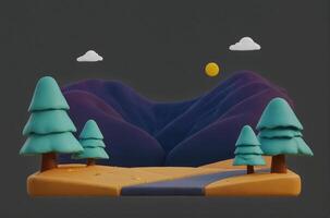 A 3d model of a mountain landscape with trees and a road photo