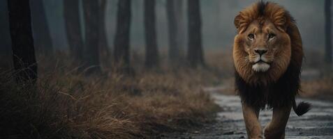 A lion walking down a path in the woods photo