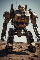 Advanced Military Robot Standing in a Desert Environment During a Daytime Operation photo