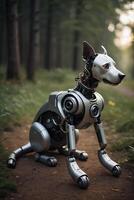 A robot dog sitting on the ground in the woods photo