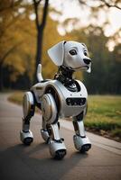A robot dog is walking on a paved road photo