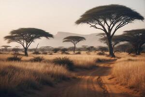 A dirt road in the middle of the savannah with trees photo
