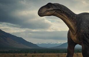 Apatosaurus Close Up in Field With Mountains photo