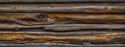 A close up of a log wall with many different types of wood photo