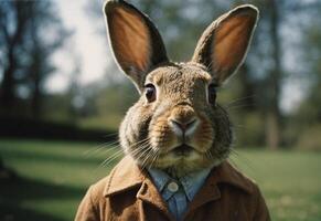A rabbit wearing a jacket and tie in a field photo