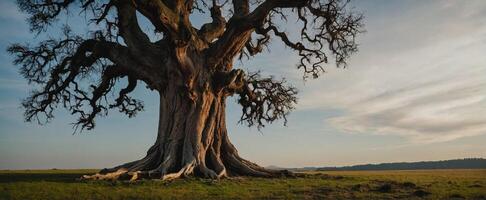A large tree in the middle of a field photo
