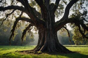 An old oak tree in the middle of a field photo