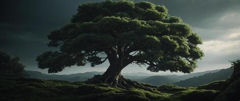 A tree is standing on a hill with dark clouds photo