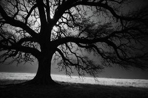 Black and white photograph of a tree in the dark photo