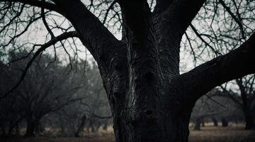 A tree in the middle of a field with no leaves photo