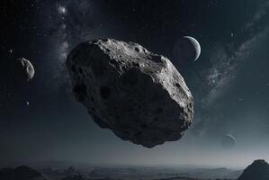 Asteroid Floating Through Space Near Moon and Rocky Terrain photo
