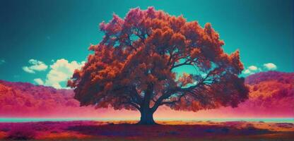 A tree in the middle of a field with a colorful sky photo