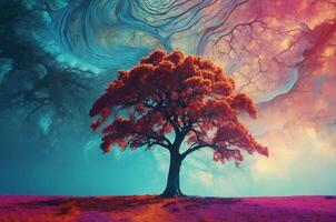 A tree with a colorful background and a colorful sky photo