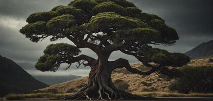 A lone tree stands in front of a mountain photo