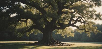 A large tree in the middle of a field photo