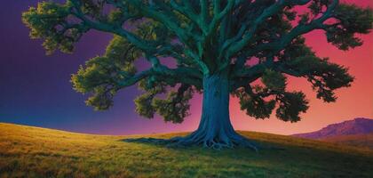 A large tree in the middle of a field photo