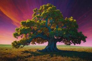 A tree in the middle of a field with a colorful sky photo