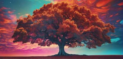 A tree with colorful leaves and a colorful sky photo